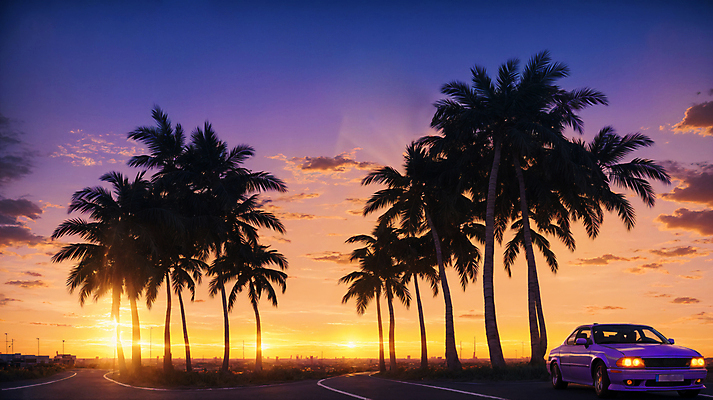 JPG 주간 구름 편집이미지 도로 자동차 사람없음 야외 건물 야자수 태양 노을 일몰 디지털합성 편집소스 시티팝 편집실사 AI포토 AI콘텐츠 자연요소 나무 건축물 길 육상교통 컨셉 교통시설 CG 파일형식