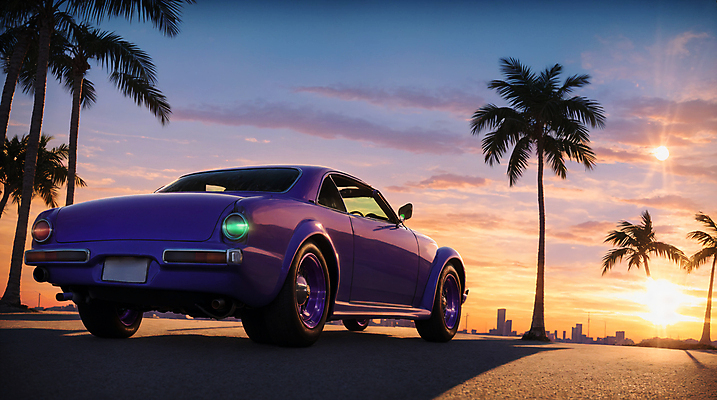 JPG 주간 구름 편집이미지 자동차 사람없음 야외 건물 야자수 태양 노을 일몰 도시 디지털합성 클래식카 편집소스 시티팝 편집실사 AI포토 AI콘텐츠 자연요소 나무 건축물 육상교통 컨셉 승용차 CG 파일형식