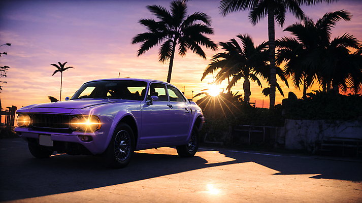 JPG 주간 구름 편집이미지 자동차 사람없음 야외 야자수 태양 노을 일몰 도시 디지털합성 클래식카 편집소스 시티팝 편집실사 AI포토 AI콘텐츠 자연요소 나무 육상교통 컨셉 승용차 CG 파일형식