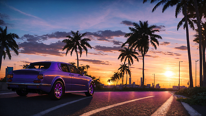 JPG 주간 구름 편집이미지 자동차 사람없음 야외 건물 야자수 태양 노을 일몰 도시 디지털합성 클래식카 편집소스 시티팝 편집실사 AI포토 AI콘텐츠 자연요소 나무 건축물 육상교통 컨셉 승용차 CG 파일형식