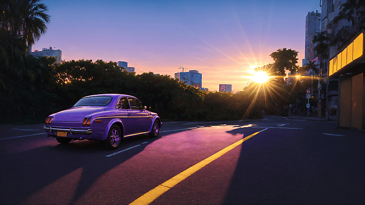 JPG 주간 편집이미지 도로 자동차 사람없음 야외 건물 야자수 햇빛 태양 노을 일몰 도시 디지털합성 클래식카 편집소스 시티팝 편집실사 AI포토 AI콘텐츠 자연요소 나무 건축물 길 육상교통 컨셉 교통시설 승용차 CG 파일형식