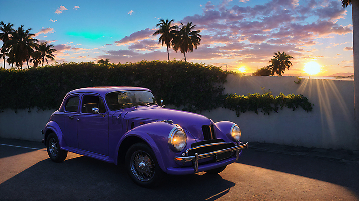 JPG 주간 구름 편집이미지 자동차 사람없음 야외 담장 야자수 태양 노을 일몰 풀 디지털합성 클래식카 편집소스 시티팝 편집실사 AI포토 AI콘텐츠 자연요소 나무 식물 육상교통 컨셉 승용차 CG 파일형식