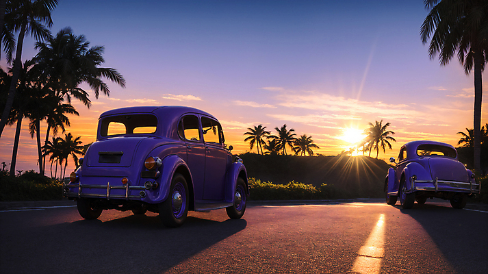 JPG 주간 구름 편집이미지 도로 자동차 사람없음 야외 야자수 태양 노을 일몰 디지털합성 클래식카 편집소스 시티팝 편집실사 AI포토 AI콘텐츠 자연요소 나무 길 육상교통 컨셉 교통시설 승용차 CG 파일형식