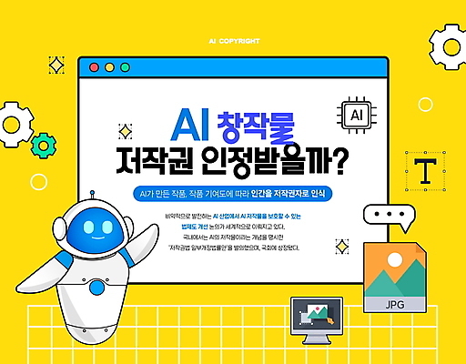 PSD 편집이미지 말풍선 안내 설명 타이포그라피 사람없음 노란색 모니터 로봇 톱니바퀴 파일 인터넷창 저작권 AI_인공지능 이미지편집 문자 컬러 인터넷 모션 컴퓨터 파일형식 지식재산권