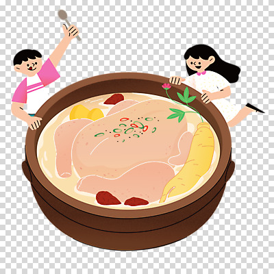 전신 편집이미지 여자 남자 한식 들기 누끼 상반신 성인 두명 숟가락 닭고기 복날 인삼 밤 뚝배기 대추 보양식 삼계탕 PNG 다리들기 성인만 기념일 음식 모션 수저 육류 사람 견과류 삼 몸보신 파일형식