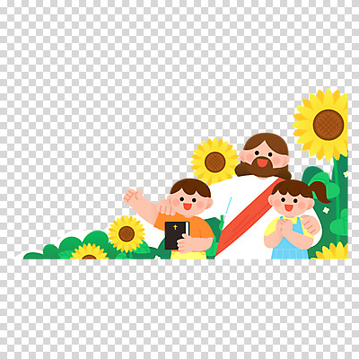 편집이미지 여자 남자 기독교 어린이 해바라기 들기 누끼 소녀 소년 상반신 성인 세명 성경 예수 손모으기 여름성경학교 PNG 손뻗기 어깨에손 꽃 종교 종교용품 모션 사람 손짓 신_종교 성경학교 파일형식 여름_계절