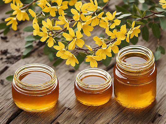 JPG 편집이미지 꽃 유리병 사람없음 야외 나뭇가지 풀잎 꿀 꿀단지 나무탁자 편집실사 AI포토 AI콘텐츠 나무 식물 잎 탁자 병_용기 풀_식물 CG 파일형식