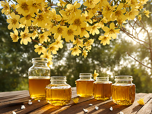 JPG 편집이미지 꽃잎 유리병 사람없음 야외 햇빛 나뭇가지 꿀 꿀단지 나무탁자 편집실사 AI포토 AI콘텐츠 나무 꽃 탁자 병_용기 태양 CG 파일형식