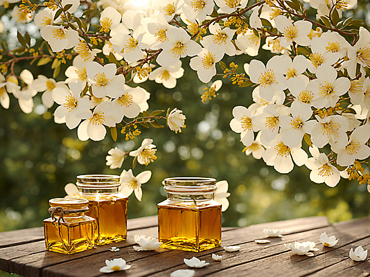 JPG 편집이미지 꽃잎 유리병 사람없음 야외 아웃포커스 나뭇가지 보케 꿀 꿀단지 나무탁자 편집실사 AI포토 AI콘텐츠 나무 꽃 탁자 병_용기 촬영기법 CG 파일형식