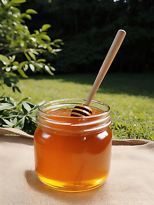 JPG 편집이미지 유리병 나뭇잎 사람없음 야외 천 꿀 꿀단지 허니디퍼 편집실사 AI포토 AI콘텐츠 잎 병_용기 도구 직물 CG 파일형식