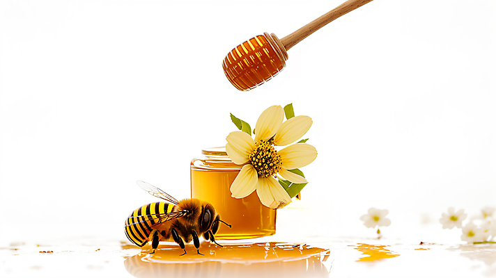 JPG 편집이미지 꽃 유리병 사람없음 꿀벌 먹기 꿀 꿀단지 허니디퍼 편집실사 AI포토 AI콘텐츠 식물 모션 병_용기 도구 벌_곤충 CG 파일형식