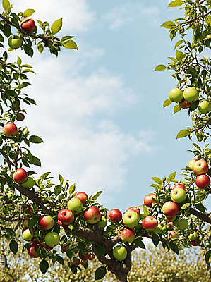 JPG 주간 구름 편집이미지 잎 하늘 프레임 풍경 사람없음 야외 사과 풋사과 사과나무 편집실사 AI포토 AI콘텐츠 자연요소 나무 식물 과일 CG 파일형식