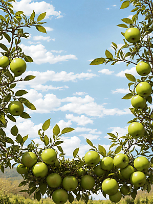 JPG 주간 구름 편집이미지 잎 하늘 프레임 풍경 사람없음 야외 사과 풋사과 사과나무 편집실사 AI포토 AI콘텐츠 자연요소 나무 식물 과일 CG 파일형식