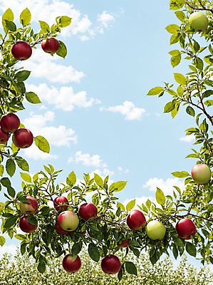 JPG 주간 구름 편집이미지 잎 하늘 프레임 풍경 사람없음 야외 사과 풋사과 사과나무 편집실사 AI포토 AI콘텐츠 자연요소 나무 식물 과일 CG 파일형식
