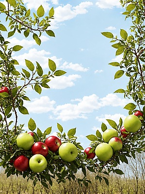 JPG 주간 구름 편집이미지 잎 하늘 프레임 풍경 사람없음 야외 사과 풋사과 사과나무 편집실사 AI포토 AI콘텐츠 자연요소 나무 식물 과일 CG 파일형식