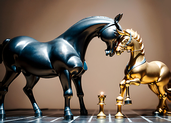 JPG 무료이미지 편집이미지 사람없음 검은색 대립 금색 말_동물 황금 체스말 체스 충돌 체스판 동물모형 편집실사 AI포토 AI콘텐츠 컬러 포유류 놀이 모형 말_게임 CG 파일형식