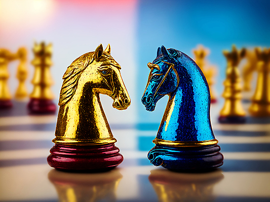 JPG 편집이미지 사람없음 아웃포커스 파란색 대립 금색 황금 체스말 체스 광택 체스판 편집실사 AI포토 AI콘텐츠 컬러 놀이 촬영기법 말_게임 CG 파일형식