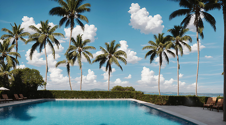 JPG 구름 편집이미지 하늘 야외수영장 풍경 사람없음 여름 야자수 풀장 맑음 디지털합성 풀빌라 편집소스 편집실사 AI포토 AI콘텐츠 자연요소 나무 계절 숙소 날씨 수영장 CG 파일형식