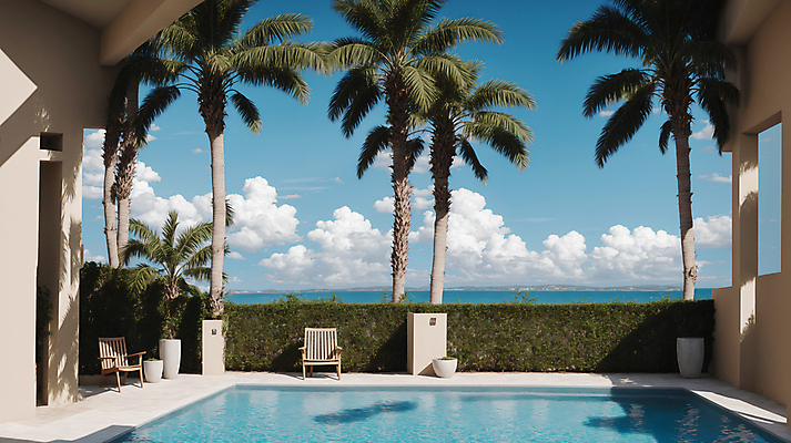 JPG 구름 편집이미지 하늘 주택 야외수영장 풍경 사람없음 여름 야자수 풀장 맑음 디지털합성 선베드 풀빌라 편집소스 편집실사 AI포토 AI콘텐츠 자연요소 나무 계절 의자 숙소 날씨 수영장 건물 CG 파일형식