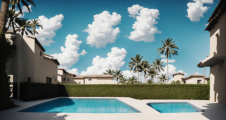 JPG 구름 편집이미지 하늘 주택 야외수영장 풍경 사람없음 여름 야자수 풀장 맑음 디지털합성 풀빌라 편집소스 편집실사 AI포토 AI콘텐츠 자연요소 나무 계절 숙소 날씨 수영장 건물 CG 파일형식