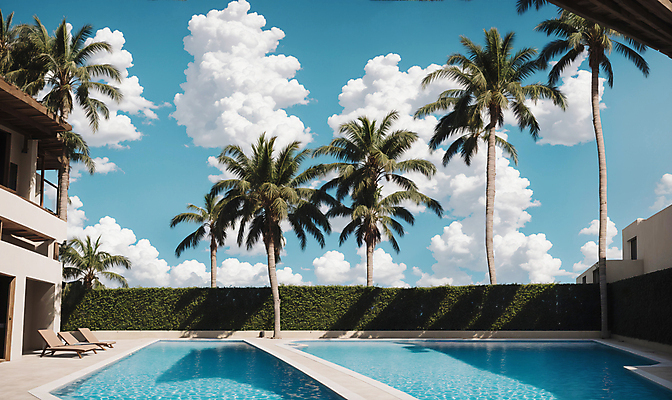 JPG 구름 편집이미지 하늘 주택 야외수영장 풍경 사람없음 여름 야자수 풀장 맑음 디지털합성 선베드 풀빌라 편집소스 편집실사 AI포토 AI콘텐츠 자연요소 나무 계절 의자 숙소 날씨 수영장 건물 CG 파일형식