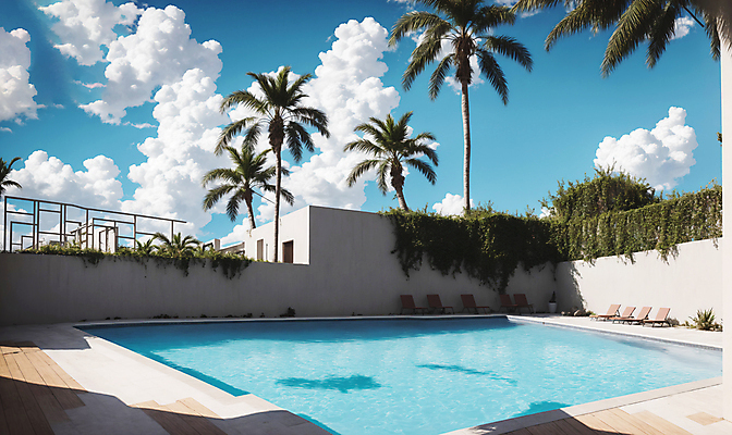 JPG 구름 편집이미지 하늘 야외수영장 풍경 사람없음 여름 담장 야자수 풀장 맑음 디지털합성 풀빌라 편집소스 편집실사 AI포토 AI콘텐츠 자연요소 나무 계절 숙소 날씨 수영장 CG 파일형식