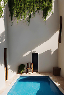 JPG 편집이미지 의자 주택 야외수영장 풍경 사람없음 여름 야자수 풀장 덩굴 디지털합성 풀빌라 편집소스 편집실사 AI포토 AI콘텐츠 나무 식물 계절 가구 숙소 수영장 건물 CG 파일형식