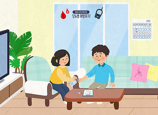 전신 PSD 여자 남자 화분 쿠션 거실 일러스트 창문 탁자 들기 앉기 성인 두명 소파 건강관리 텔레비전 달력 혈액 확인 예방 손뻗기 당뇨병 진료기록부 혈당계 성인만 국내일러스트 가구 의자 모션 건강 관리 사람 전자제품 진료 의료용품 질병 파일형식