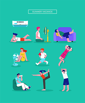 전신 여자 남자 수영복 여유 어린이 엎드리기 인물캐릭터 일러스트 휴식 수박 들기 앉기 소녀 소년 여러명 성인 여름 여름휴가 바캉스 소파 눕기 걷기 스트레칭 턱괴기 요가자세 마시기 선풍기 에어컨 물병 홈캉스 빈백 월간캐릭터 일러캐릭터 AI파일 캐릭터 옷 계절 감정 포즈 생활용품 다수 컨셉 의자 과일 요가 모션 휴가 사람 운동 가전제품 물통 힐링 파일형식 벡터 여름_계절