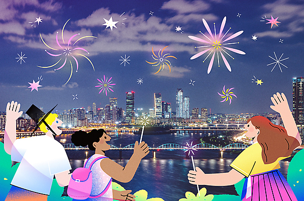 백인 여자 남자 흑인 야경 일러스트 배낭 밤하늘 폭죽 불꽃놀이 들기 동양인 상반신 성인 세명 여름 친구 반짝임 손들기 여행객 한복 한강 손인사 국내여행 동작대교 여의도 성인만 스파클라 국내일러스트 AI파일 갓모자 서양인 모자_잡화 한국전통 계절 여행 가방 관계 모션 놀이 하늘 전통소품 서울 사람 인종 다리_건축물 인사 야간 전통의상 랜드마크 파일형식 벡터 풍경_경치