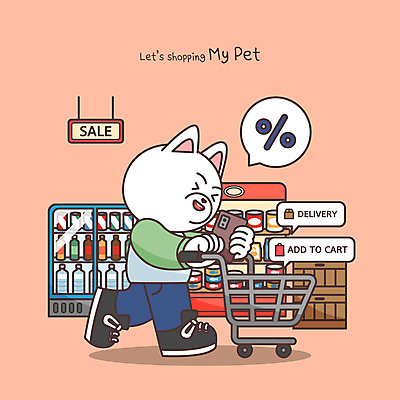 한마리 음료 동물캐릭터 말풍선 일러스트 간판 들기 사람없음 스마트폰 쇼핑 장보기 걷기 쇼핑카 퍼센트 개 밀기 물병 진열장 개캐릭터 마트 냉장고 페트병 캔사료 일러캐릭터 AI파일 동물 캐릭터 1 포유류 모션 핸드폰 스마트기기 상점 카트 가전제품 특수기호 먹이 물통 병_담는 파일형식 벡터