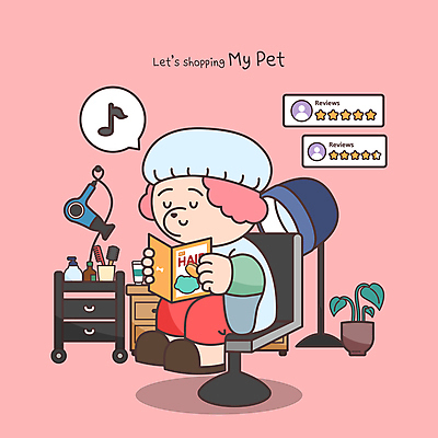 한마리 별 화분 분홍색 동물캐릭터 말풍선 의자 음표 일러스트 들기 앉기 사람없음 책 눈감음 카트 머리빗 개 미용실 드라이어 서랍장 개캐릭터 헤어용품 별점 샤워캡 트롤리 일러캐릭터 AI파일 자연요소 동물 캐릭터 1 기호 음악 컬러 가구 포유류 모션 수레 미용용품 뷰티샵 점수 평가 파일형식 벡터