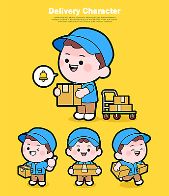 전신 남자 인물캐릭터 말풍선 일러스트 윙크 서기 미소 들기 여러명 성인 달리기 노란색 수레 종 택배기사 배달원 주기 따봉 소포 택배상자 성인남자만 월간캐릭터 일러캐릭터 AI파일 직업 캐릭터 컬러 다수 모션 표정 사람 상자 카트 최고 배송 택배 남자만 성인만 파일형식 벡터