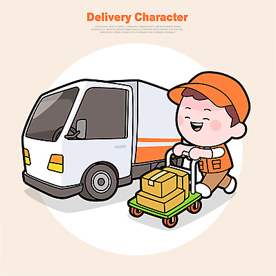 전신 남자 인물캐릭터 일러스트 한명 웃음 성인 걷기 주황색 수레 잡기 택배기사 배달원 밀기 소포 택배상자 성인남자한명만 월간캐릭터 탑차 일러캐릭터 AI파일 직업 캐릭터 1 컬러 모션 표정 사람 상자 카트 트럭 배송 택배 남자한명만 성인남자만 파일형식 벡터