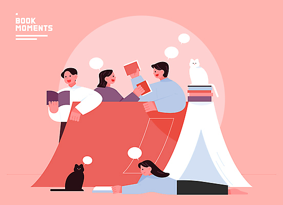 전신 여자 남자 엎드리기 말풍선 일러스트 말하기 대화 서기 들기 여러명 상반신 성인 책 눕기 독서 고양이 기댐 토론 소통 성인만 코랄 국내일러스트 AI파일 컬러 다수 컨셉 포유류 모션 사람 반려동물 파일형식 벡터