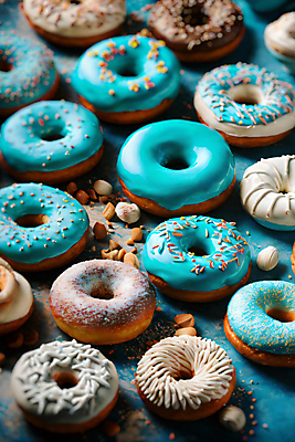 JPG 편집이미지 하늘색 디저트 사람없음 여러개 원형 도넛 가득함 디지털합성 많음 스프링클 편집실사 AI포토 AI콘텐츠 도형 음식 다수 컨셉 장식 파란색 CG 파일형식