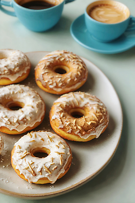 JPG 편집이미지 접시 디저트 사람없음 여러개 도넛 커피잔 디지털합성 스프링클 편집실사 AI포토 AI콘텐츠 식기 커피 음식 다수 잔 장식 CG 파일형식