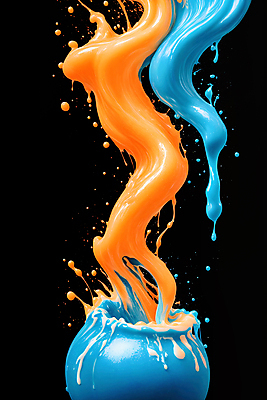 JPG 편집이미지 사람없음 파란색 주황색 물방울 액체 혼합 디지털합성 액체표현 튀는물 스플래쉬 편집실사 AI컴퓨터그래픽 AI콘텐츠 컬러 순간포착 CG 파일형식