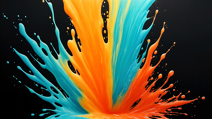 JPG 편집이미지 사람없음 파란색 컬러풀 주황색 액체 혼합 디지털합성 액체표현 튀는물 스플래쉬 편집실사 AI컴퓨터그래픽 AI콘텐츠 컬러 순간포착 CG 파일형식