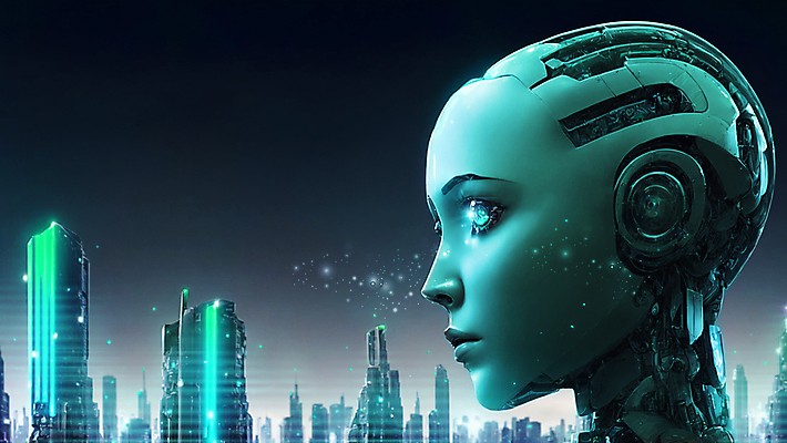 JPG 편집이미지 응시 미래 빌딩 사람없음 빛 반짝임 머리 로봇 디지털합성 청록색 미래도시 휴머노이드 SF AI_인공지능 편집실사 AI컴퓨터그래픽 AI콘텐츠 시선 컬러 컨셉 모션 건물 신체부위 도시 CG 파일형식