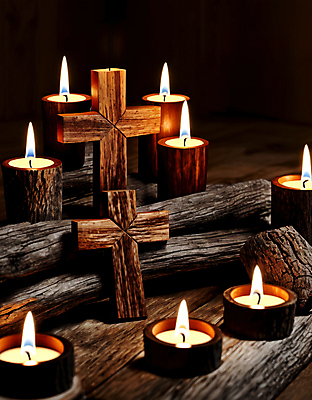 JPG 나무 편집이미지 기독교 십자가 촛불 불꽃 사람없음 목재 디지털합성 편집실사 AI포토 AI콘텐츠 식물 종교 재료 초 불 CG 파일형식