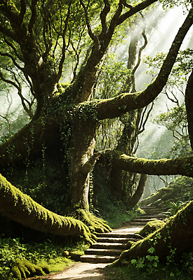 JPG 주간 나무 편집이미지 길 자연 이끼 풍경 사람없음 야외 초록색 빛 계단 숲 숲길 편집실사 AI포토 AI콘텐츠 자연요소 식물 컬러 CG 생태계 파일형식