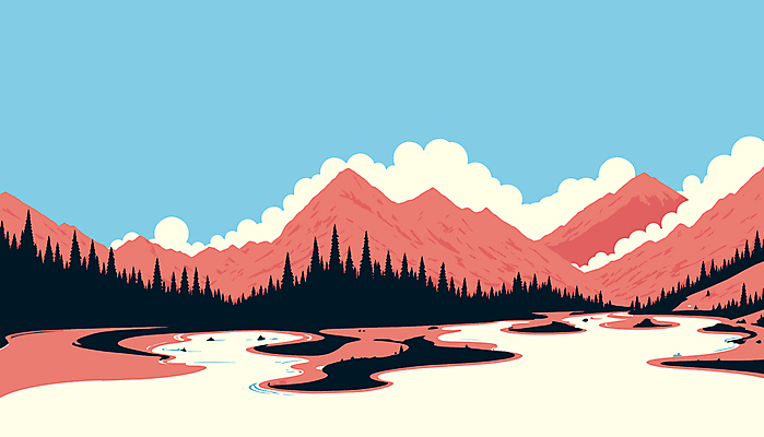 나무 구름 호수 분홍색 일러스트 자연 하늘 산 풍경 사람없음 파란색 카피스페이스 국내일러스트 AI파일 자연요소 식물 컬러 공백 생태계 파일형식 벡터