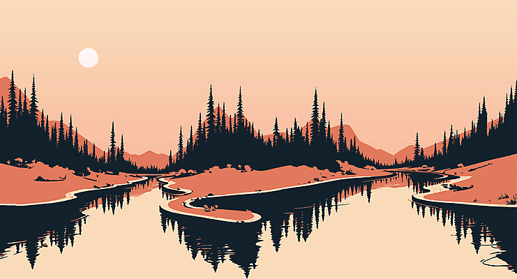 나무 호수 분홍색 일러스트 자연 하늘 산 풍경 사람없음 태양 반사 카피스페이스 국내일러스트 AI파일 자연요소 식물 컬러 공백 생태계 파일형식 벡터