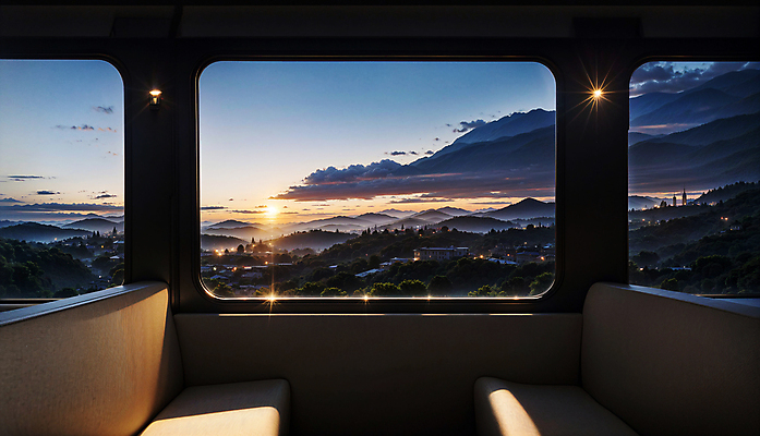 JPG 구름 편집이미지 야경 창문 프레임 실내 사람없음 빛 노을 일몰 기차 도시 디지털합성 기차여행 편집소스 편집실사 AI포토 AI콘텐츠 자연요소 육상교통 여행 대중교통 내부 야간 CG 파일형식 풍경_경치