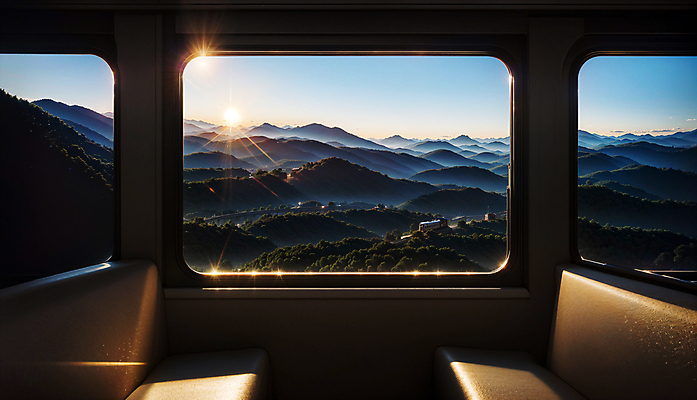 JPG 편집이미지 창문 산 프레임 실내 풍경 사람없음 빛 일몰 기차 도시 디지털합성 기차여행 편집소스 편집실사 AI포토 AI콘텐츠 육상교통 여행 대중교통 내부 노을 CG 파일형식