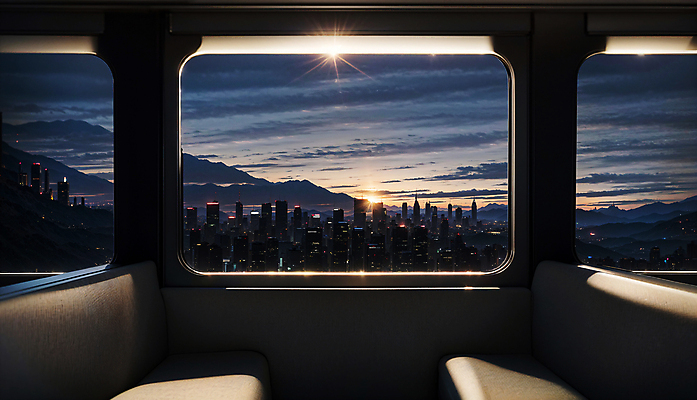 JPG 편집이미지 야경 창문 프레임 실내 사람없음 건물 빛 일몰 기차 도시 디지털합성 기차여행 편집소스 편집실사 AI포토 AI콘텐츠 건축물 육상교통 여행 대중교통 내부 노을 야간 CG 파일형식 풍경_경치