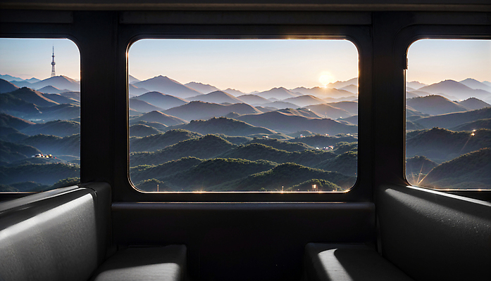 JPG 편집이미지 야경 창문 산 프레임 실내 사람없음 빛 일몰 기차 디지털합성 산등성이 기차여행 편집소스 편집실사 AI포토 AI콘텐츠 육상교통 여행 대중교통 내부 노을 야간 CG 파일형식 풍경_경치