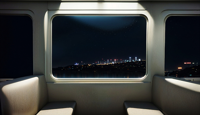 JPG 편집이미지 야경 창문 프레임 실내 사람없음 건물 빛 일몰 기차 도시 디지털합성 기차여행 편집소스 편집실사 AI포토 AI콘텐츠 건축물 육상교통 여행 대중교통 내부 노을 야간 CG 파일형식 풍경_경치