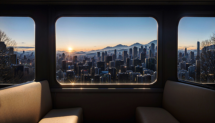 JPG 편집이미지 야경 창문 프레임 실내 사람없음 건물 빛 일몰 기차 도시 디지털합성 기차여행 편집소스 편집실사 AI포토 AI콘텐츠 건축물 육상교통 여행 대중교통 내부 노을 야간 CG 파일형식 풍경_경치